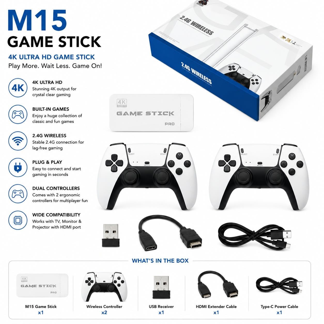 M15 Game Stick Mini TV Handheld Game Classic 4K Retro Game Wireless Controllers HD Output Gaming Console for PS1 Arcade